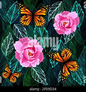 Grafik Blätter nahtlose grüne Muster mit Blumen und Schmetterlingen. vektor-Illustration Stock Vektor
