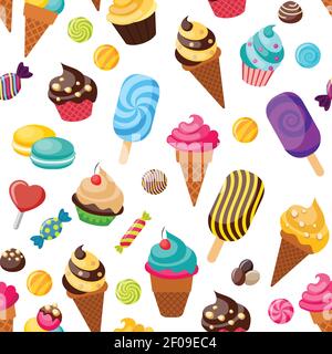 Nahtloses Hintergrundmuster mit vielen verschiedenen farbigen und isolierten Süßigkeiten Lutscher und Eis Vektor-Illustration Stock Vektor