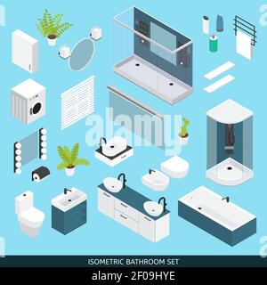 Badezimmer farbige isometrische Icon-Set mit Möbeln und Elementen benötigt Für die Reparatur Vektordarstellung Stock Vektor