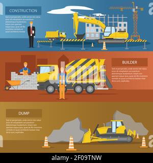 Konstruktion horizontale Banner mit Prozess der Anlage Erstellung Arbeit gesetzt Von Bauherren dump isolierte Vektor-Illustration Stock Vektor