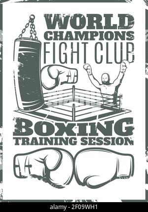 Boxing monochrome getragen Druck mit Kämpfer Boxsack Ring und Handschuhe auf weißem Hintergrund Vektorgrafik Stock Vektor