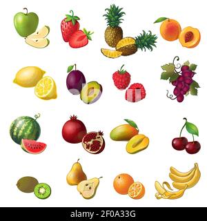 Früchte isoliert farbige Ikone Set mit Früchten und Beeren Verschiedene Farben und Größen Vektorgrafik Stock Vektor