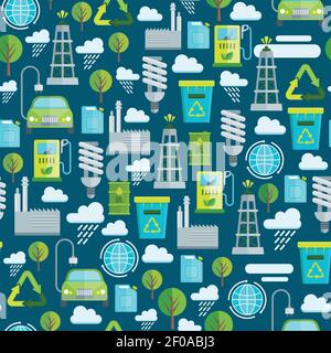 Ökologie nahtlose Muster mit Fabrik Glühbirne Bio-Kraftstoff Elektroauto Recycling von Müll auf blauem Hintergrund Vektorgrafik Stock Vektor