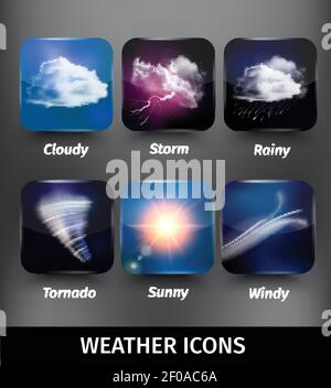 Realistisches quadratisches Wettersymbol auf bewölktem Sturm regnerischem Tornado Sonnige windige Themen Vektor-Illustration Stock Vektor