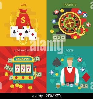 Unterhaltung im Casino-Konzept mit Spielautomaten Gewinne Roulette Poker Dealer Karten Chips Hufeisen isoliert Vektor-Illustration Stock Vektor