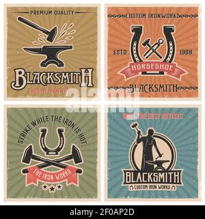 Blacksmith Retro Icon Set mit Beschreibungen von benutzerdefinierten Eisenwerk Streik Während das Eisen ist heiß nur die besten Künstler Vektor Abbildung Stock Vektor