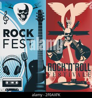 Zwei vertikale Musikbroschüre von Flyer-Set mit Beschreibungen von Rock fest und Rock n Roll Festival Vektor Illustration Stock Vektor