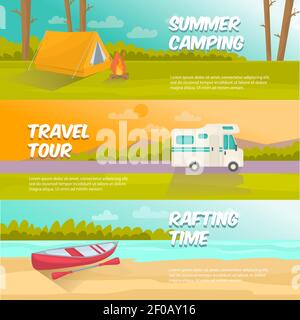 Sommer Camping horizontale Banner mit Zelt Lagerfeuer im Wald gesetzt Reise Tour Rafting isoliert Vektor Illustration Stock Vektor