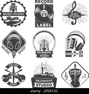 Isoliertes schwarzes Musikgeschäft Labelset mit Beschreibungen der Gitarre Kaufen Sie Musik Studio Aufnahme Studio Vektor Illustration Stock Vektor