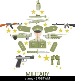 Armee Sterne Zusammensetzung mit Offizier in der Mitte Schultergurte Militär Fahrzeuge Munition und Beschriftung Vektor Illustration Stock Vektor