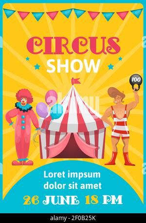 Zirkus Werbeplakat bunt mit Zeichentrickkünstler editierbaren Text und Ereignisdatum auf orange blauer Hintergrund Vektorgrafik Stock Vektor