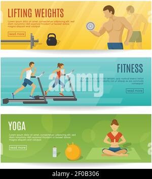 Sportliche Lifestyle horizontale Banner Set mit Gewichten Fitness Workout Yoga Übungen isoliert Vektor Illustration Stock Vektor