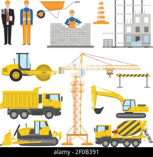 Bau flache Elemente mit Architekten und Arbeiter Baumaschinen gesetzt Und Materialien Barriere System isoliert Vektor Illustration Stock Vektor