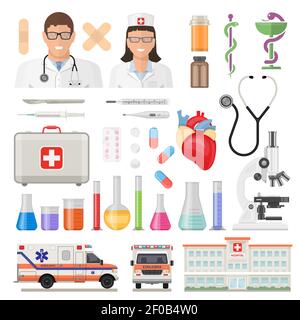 Flach isoliert und farbige Medizin Symbol-Set mit Mitarbeitern von Medizinische Einrichtungen und ihre Werkzeuge notwendig, um zu arbeiten und Pflege Für Menschen mit Vektor Stock Vektor