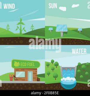 Vier quadratische Ökologie flache Symbol auf Wind Sonne Wasser gesetzt Und eco Fuel Themes Vektordarstellung Stock Vektor