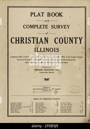 Plat Buch und komplette Übersicht über Christian County, Illinois - mit Plats aller Townships mit Namen der Eigentümer, auch skizzieren Karte der Grafschaft zeigt Lage der Townships, Dörfer, Straßen, Stockfoto