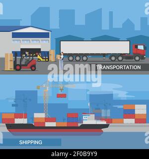 Zwei horizontale flache Logistikpanoramen Banner Set mit Transport und Vektordarstellung für Versandbeschreibungen Stock Vektor