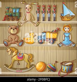 Kinder Spielzeug auf Regalen Zusammensetzung Cartoon-Spielzeug auf einem Regal Von hölzernen Schrank Vektor-Illustration Stock Vektor