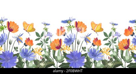 Vektor Blumen nahtlose Grenze. Sommerblumen, grüne Blätter. Stock Vektor