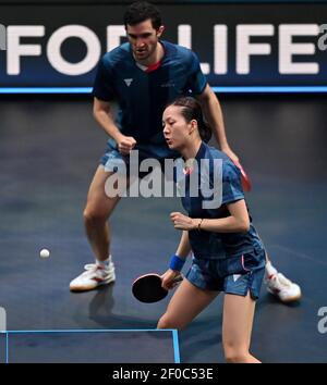 Doha. März 2021, 6th. Emmanuel Lebsson und Yuan Jia Nan (R) aus Frankreich feiern am 6. März 2021 im gemischten Doppel-Finale gegen Lin Yun-Ju und Cheng I-Ching aus Chinesisch-Taipeh im WTT Contender Doha in Doha, Katar. Lin Yun-Ju und Cheng I-Ching gewannen 3-2, um sich den Titel zu sichern. Quelle: Nikku/Xinhua/Alamy Live News Stockfoto