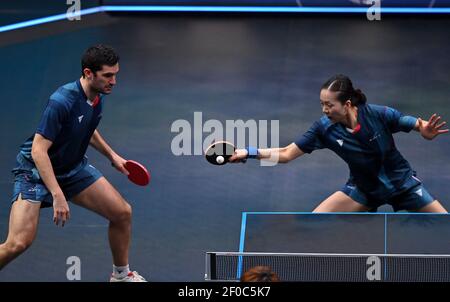 Doha. März 2021, 6th. Emmanuel Lebesson und Yuan Jia Nan (R) aus Frankreich treten am 6. März 2021 im gemischten Doppel-Finale gegen Lin Yun-Ju und Cheng I-Ching aus Chinese Taipei beim WTT Contender Doha in Doha, Katar, an. Lin Yun-Ju und Cheng I-Ching gewannen 3-2, um sich den Titel zu sichern. Quelle: Nikku/Xinhua/Alamy Live News Stockfoto