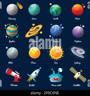 Raum Universum Icon Set mit Beschreibungen der Planeten Namen und Vektorgrafik Raumfahrttechnologie Stock Vektor