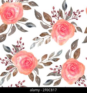 Aquarell nahtloses Muster aus rosa erröten Rosen Blumen und grau braun neutral verblasste Blätter. Blumensträuße, Blütenblätter blühen. Elegante Gartenblüten für textile Hochzeit Einladungskarten Tapete. Stockfoto