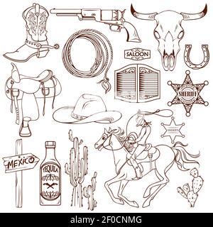 Wild West monochrome Icon Set mit Beschreibung der notwendigen Dinge Cowboy und lokale Geschmacksvektor Illustration Stock Vektor