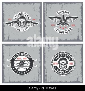 Viereckiges Flugzeug-Icon-Set mit Emblemen der fliegenden Keule Und fliegende Akademie Vektor Illustration Stock Vektor