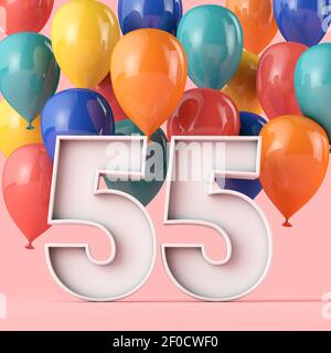 Happy 55th Geburtstag Hintergrund mit bunten Ballons. 3D Rendering Stockfoto