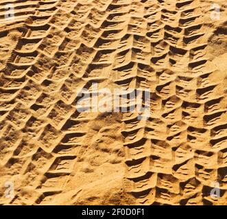 Oman Wüste Spur von einigen Autos im Sand und Richtungsstruktur Stockfoto