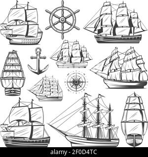 Vintage große Schiffe Sammlung mit verschiedenen Schiffen Boote Lenkrad Anker- und Navigationskompass isolierte Vektordarstellung Stock Vektor