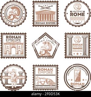 Alte alte rom Zivilisation Briefmarken Satz mit Inschriften Gladiator Schwerter Schild Triumphbogen Pantheon Chariot römischen Kaiser Säulen isoliert Stock Vektor