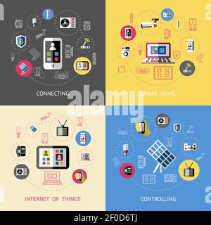 Smart Home-Kompositionen mit vier Symbolen für die Verbindung von Smart Home Internet der Dinge und Controlling Themen Vektor-Illustration Stock Vektor