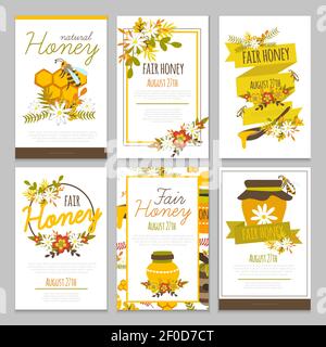 Honey handgezeichnete Poster Kollektion mit Bienen floralen Kompositionen Kämme Farbbänder auf grauem Hintergrund isolierte Vektorgrafik Stock Vektor