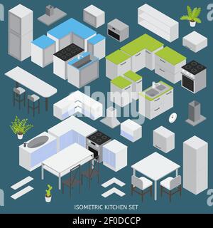 Isometrische Küchenelemente mit Haushaltsgeräten gesetzt Tische Stühle Wand Schränke auf blauem Hintergrund isolierte Vektordarstellung Stock Vektor