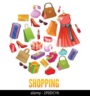 Shopping Runde Kompositionen mit roten Kleid und Schuhe Taschen und Geschenk-Boxen parfume und kosmetische Vektor-Illustration Stock Vektor
