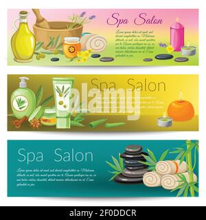 Spa Salon Banner Kollektion mit Steinmassage und Kerzen Kräuter Und Gewürze Honig Behandlung isoliert Vektor Illustration Stock Vektor