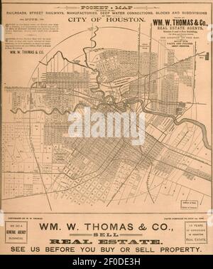 Taschenkarte mit den Eisenbahnen, Straßenbahnen, Manufakturen, Tiefwasserverbindungen, Blöcken und Unterteilungen der Stadt Houston Stockfoto