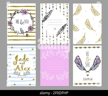 Handgezeichnete Einladung speichern Sie das Datum Hochzeit mit Titeln und Drucken mit Federn Vektor-Illustration Stock Vektor
