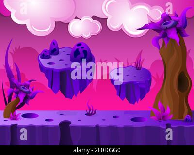 Purple Krater Land Spiel-Design mit Plattformen und Wolken in Himmel auf rosa Hintergrund Vektorgrafik Stock Vektor