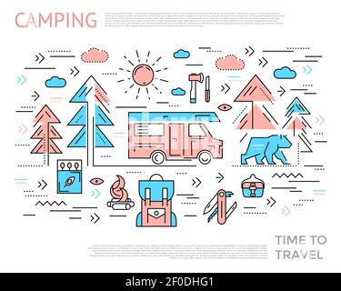 Camping horizontales Konzept mit zwei Farben Icon-Set kombiniert in Vektordarstellung der Linienzusammensetzung Stock Vektor
