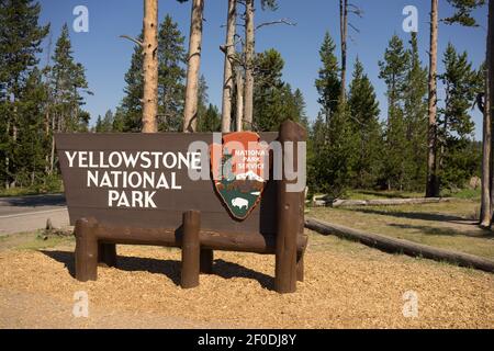 Begrüßungsschild Yellowstone National Park NPS Wyoming Stockfoto