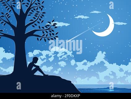 Silhouette Design von einsamen jungen Mann auf Stille Nacht unter Eine Baum-, Vektor-Illustration Stock Vektor