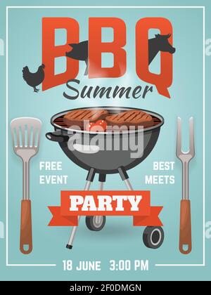 Grill Event Party Poster mit Grill Grill Gabel und wender-Symbole und editierbare Datumsvektordarstellung Stock Vektor