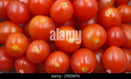 Nahaufnahme von frischen roten Kirschtomaten, Hintergrund von roten Gemüse Stockfoto