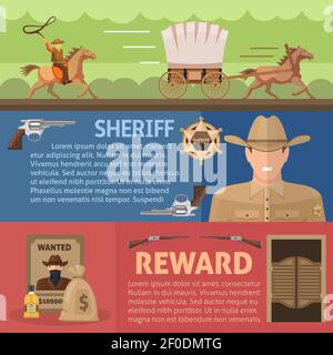 Wild West horizontale Banner mit arbeitenden Cowboy Sheriff und gesetzt Belohnung für das Fangen krimineller isolierter Vektorgrafik Stock Vektor