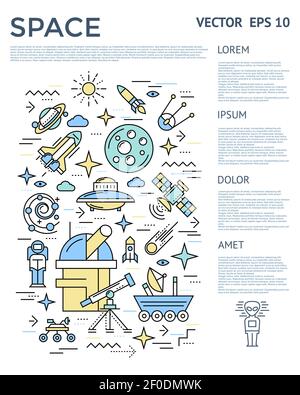 Space vertikale Infografik mit Texten auf der rechten Seite Spalte und Kosmische Symbolsatz Vektorgrafik Stock Vektor