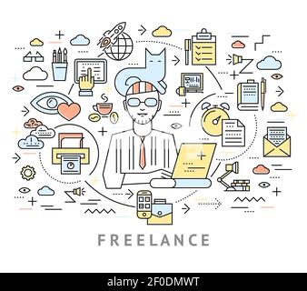 Freie Linie Hintergrund mit Komposition von gezeichneten Hipster Charakter und Verschiedene Symbole und Piktogramme für flache Vektorgrafik Stock Vektor