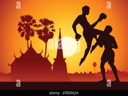 Thailand berühmte Kampfkunst in Landschaft Design mit Silhouette Design, Muay Thai, Vektorgrafik Stock Vektor